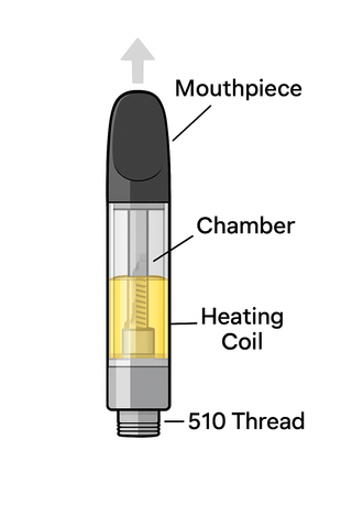 Close-up of a vape cartridge labeled components